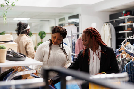 African american women friends browsing apparel and accessories in clothing store. Girlfriends checking garment for sale hanging on rack and shopping together in mall boutiqueの写真素材