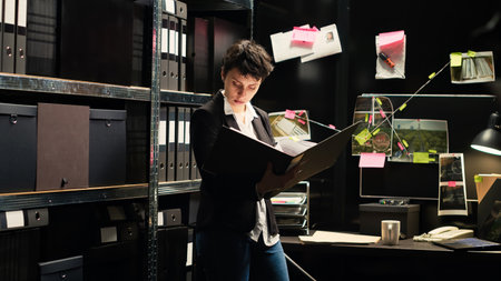 Private detective gathering intelligence to solve criminal case, undertaking investigatory services for law enforcement system. Criminologist analyzing proof and forensic evidence.の写真素材