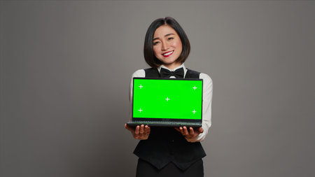 Receptionist showing greenscreen display on personal laptop, presenting isolated copyspace mockup on screen. Asian hotel employee holding pc with chromakey mockup template. Camera A.の写真素材