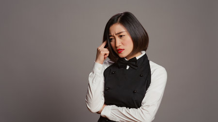 Restaurant hostess being thoughtful over grey background, thinking about new ideas to develop the menu for clients. Asian woman waitress feeling pensive, imagination in studio. Camera B.の写真素材