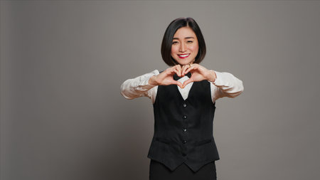 Hotel administrator shows heart shape symbol on camera, expressing romantic gesture and being flirty. Asian receptionist presenting true honest feelings, does romance sign in studio. Camera A.の写真素材