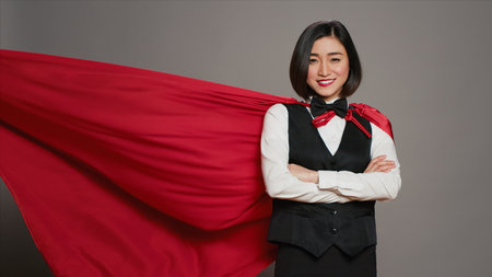 Asian receptionist posing with red superhero cape on camera, feeling confident and powerful while she wears a cloak as a hero. Hotel concierge operator standing with arms crossed. Camera A.の写真素材