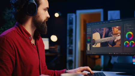 Video editor adds sound effects to filmed footage, working in post production office studio, panning shot. Videographer using headphones to test and improve audio quality using editing toolsの写真素材