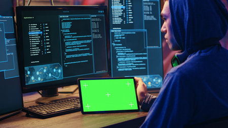 Hackers doing computer sabotage using encryption trojan ransomware on green screen tablet. Cybercriminals use mockup device to demand ransom money from victims in exchange for access to their dataの写真素材