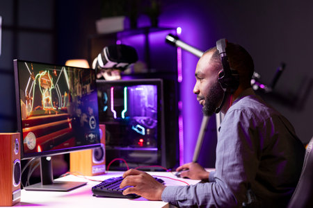 Man playing science fiction FPS videogame, having fun in dark apartment room, chatting with friends...