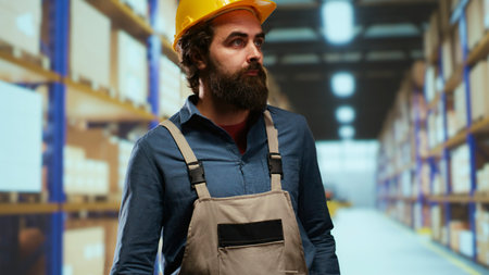 Packaging operator counts pallet stock in industrial depot, working on logistics for optimizing production. Storehouse worker operates with distribution of products and materials manufactured.の写真素材