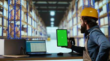 Warehouse administrator has greenscreen on tablet before creating invoices on merchandise parcel distribution, examining isolated chromakey on gadget. Industrial worker checks blank copyspace.の写真素材