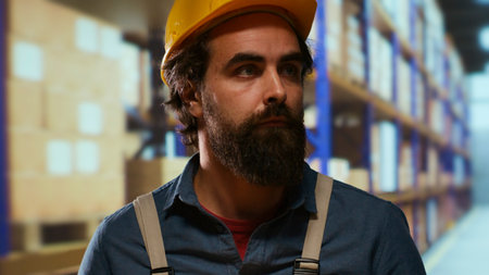 Export manager carrying packages from racks, preparing to ship orders for transportation. Depot employee taking boxes to quality control department, working on shipment and inventory management.の写真素材