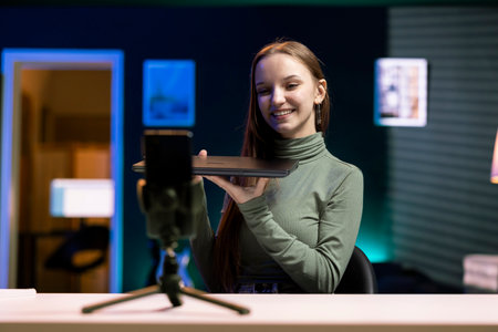 Happy teenager presenting laptop from brand sponsoring video, urging subscribers to purchase it, filming with phone. Joyful girl does influencer marketing with notebook recording with smartphoneの写真素材