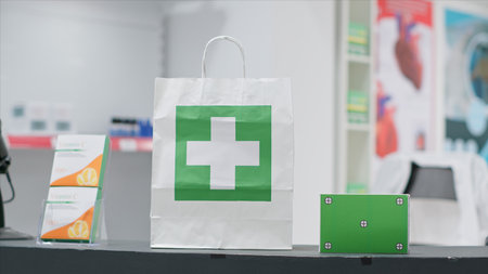Empty pharmacy with pills and vitamins at cash register, paper bag containing pharmaceuticals alongside greenscreen layer on pill box at checkout area. Chromakey copyspace design next to purchase.の写真素材