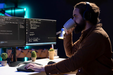 Cybersecurity specialist drinking coffee while looking for company security vulnerabilities and preventing malware infections. Programmer enjoying hot beverage while installing fortified code on PCの写真素材