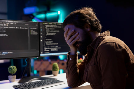 Troubled man facepalming himself while doing software quality assurance, finding major errors in source code. Depressed developer upset after inspecting coding on desktop PC and seeing many issuesの写真素材