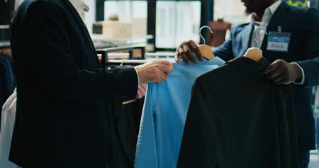 Store employee showing new fashion collection to elderly client, pointing at hangers with trendy suits. African american assistant offering suggestions and recommendations to shopper. Camera B.の写真素材