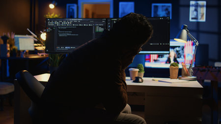 Software developer putting face in hands in frustration while updating binary code script on...