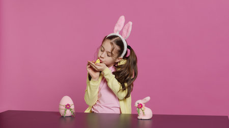 Joyful little girl playing with festive easter decorations in studio, creating arrangements with a chick, rabbit and egg. Smiling cute toddler with bunny ears showing colorful ornaments. Camera A.の写真素材
