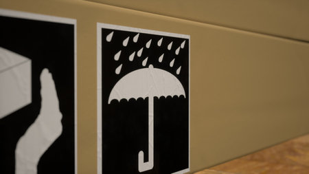 Tracking codes and shipment information labeled on container boxes in the storage unit. Products set up for distribution and transportation in retail commerce sector. Close up. 3D render animation.の写真素材