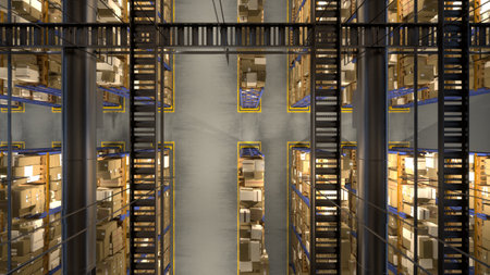 Merchandise packages with courier stamps and receipts in warehouse, retail goods ready for shipment and delivery. Industrial storeroom dealing with production and supply chain. 3d render animation.の写真素材