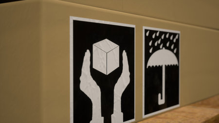 Cargo boxes and containers labeled with tracking numbers and shipment details in warehouse. Parcels ready for distribution and transportation for commerce trade sector. Close up. 3d render animation.の写真素材