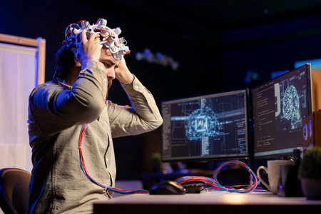 Computer scientist puts EEG headset on, starting mind upload process, trying to gain bionic powers. Man using high tech neuroscientific gear to transfer consciousness into cyberspaceの写真素材