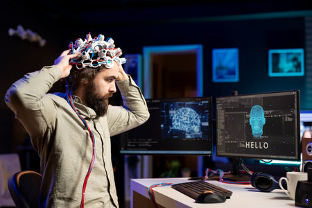 IT specialist putting EEG headset on to communicate with artificial intelligence on computer in...