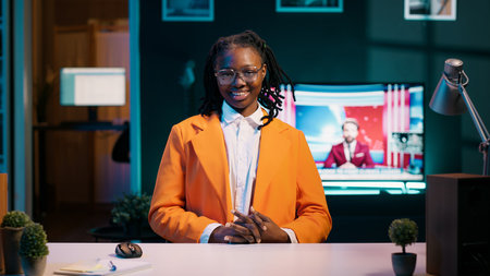 POV of college pupil attending videocall webinar with tutor at home, engaging in online homework review and feedback sessions for assignments. Student meets with teacher on web conference. Camera A.の写真素材