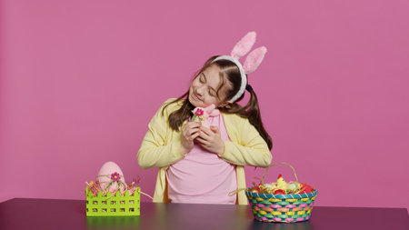 Cheerful smiling girl hugging her stuffed rabbit toy and egg, feeling proud about her handcrafted painted easter decorations. Young toddler with bunny ears and pigtails, festive ornaments. Camera A.の写真素材