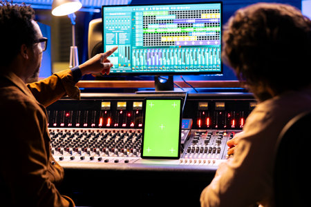 Artist and sound engineer working with greenscreen display on tablet, mixing and mastering tracks...