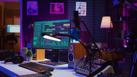 Empty creative space recording tunes and soundtracks with electronic tools, mixing and mastering in...