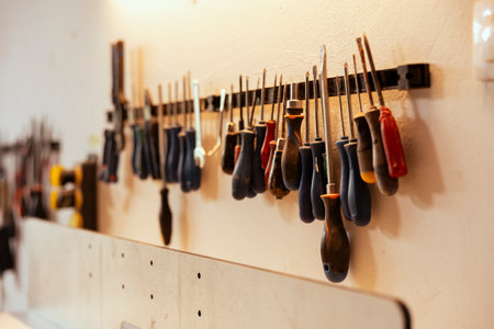 Close up shot of various woodworking tools on rack in workshop used for repairing or creating wooden...