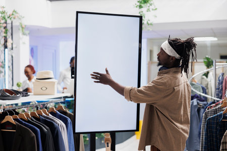 Customer using empty white smart screen to browse clothes in store. African american stylish man touching interactive blank display while shopping for apparel in mall boutiqueの写真素材