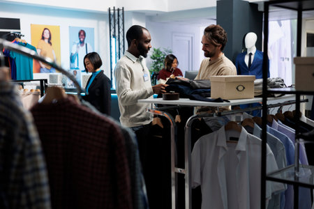 Smiling assistant holding hanger with stylish jacket, showcasing fashion trend to customer in clothing store. Boutique employee talking with client and helping to make apparel choiceの写真素材