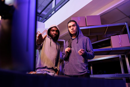 Hackers looking at computer and planning phishing attack. Criminals pointing at screen and discussing ransomware for fraud illegal activity in abandoned warehouse at nightの写真素材