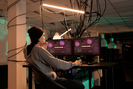 System hacked warning, programmer solving database server cyberattack, computer security technology, data breach. Cybersecurity, internet virus, malicious software, ransomware attackの写真素材