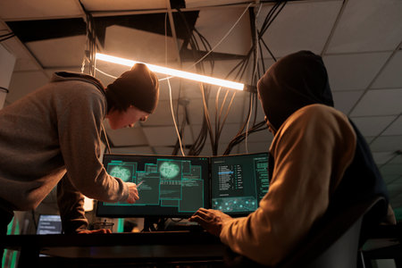 Hackers team hacking online server, stealing data, cybercrime. Cyberattack, it specialist pointing at code on pc screen, criminals programming internet virus at night timeの写真素材