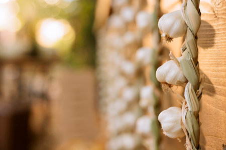 Selective focus of homegrown organic white cloves of garlic hanging over greenmarket stand. Detailed view of natural freshly harvested produce displayed on wooden farm fair booth.の写真素材