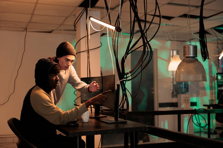 Diverse team of spies using trojan virus to ccause malware, working together to crack firewall encryption at night. Male hackers analyzing database to steal personal sensitive information.の写真素材