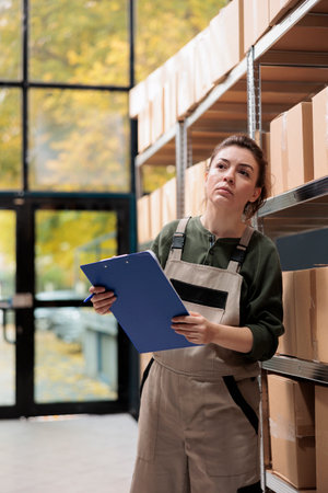 Stockroom employee supervising cardboard packages in mail sorting center and writing inventory clipboard. Post office warehouse manager searching customer parcel, checking postal form.の写真素材