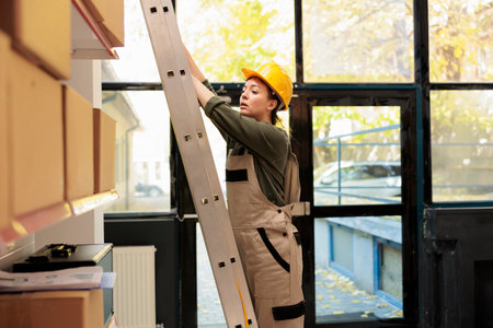 Storage room manager standing on ladder in warehouse, checking cardboard boxes full with merchandise. Supervisor woman working at customers orders before preparing delivery in storehouseの写真素材