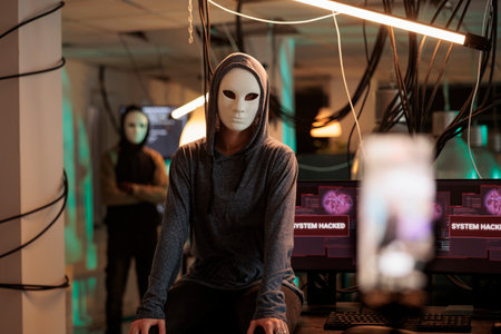 Anonymous threatening on phone camera, internet fraud, blackmail. Cybercrime, online scam, hackers taking video on smartphone, criminals hacking database, breaking into computer systemの写真素材