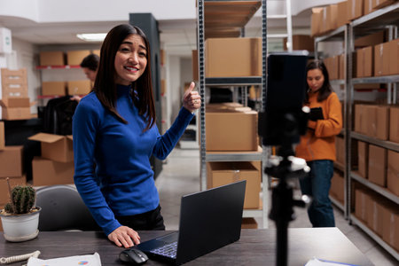 Logistics and distribution manager advertising merchnadise in storehouse on smartphone camera. Warehouse supervisor streaming employees team working in storage room togetherの写真素材
