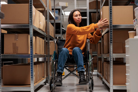 Woman wheelchair user taking cardboard box from shelf to prepare customer order for dispatching in warehouse. Asian package handler holding parcel, working in disability friendly storehouseの写真素材