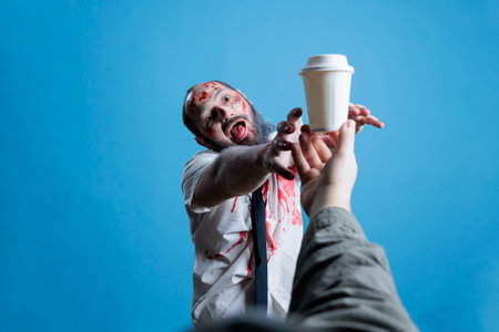 Person unable to function properly without coffee, trying to grab cup. Man fueled by caffeine, needing it to function and be a productive obedient worker, studio backgroundの写真素材