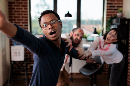 Close up of african american businessman grabbed by scary undead monsters in company office. Focus on apocalypse survivor pulled by brain eating zombies in blurry backgroundの写真素材