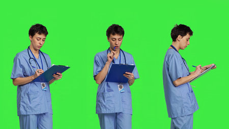 Medical assistant writing checkup information on clipboard files, taking notes and making doctor appointments with checklist. Nurse wearing blue scrubs stands against greenscreen backdrop. Camera B.の写真素材