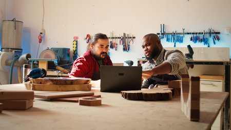 Woodworkers using CAD software on laptop to design wooden objects, pointing towards screen. Carpenters using program on notebook to help them do furniture assembling in joinery, camera Bの写真素材