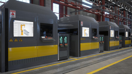 Rows of machines with control panels and touchscreens in automated factory, 3D rendering. Electrical...