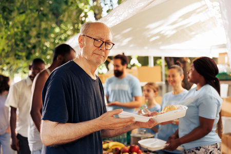 Image showcasing old caucasian homeless man holding his meal from the charitable organization. Group of volunteers at an outdoor food bank helping and feeding the hungry poor and less privileged.の写真素材