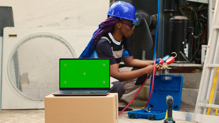 Knowledgeable professional contracted by client to detect air conditioner issues, checking real-time superheat and subcooling values measured by ac gauges vacuum pump displayed on chroma key laptopの写真素材