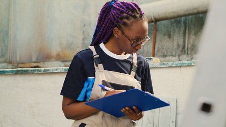 Revealing shot of expert commissioned for outdoor air conditioner yearly maintenance, looking for refrigerant leaks. Qualified electrician doing condenser safety check, writing report on clipboardの写真素材