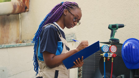 Portrait of cheerful african american wireman commissioned for hvac system routine check up, writing report on clipboard. Worker doing condenser inspection, looking for faulty componentsの写真素材